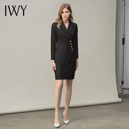 IWY/时尚气质黑色长袖西装半裙套装职业装女装通勤修身西服套裙秋冬款CS10407黑色 商品图2