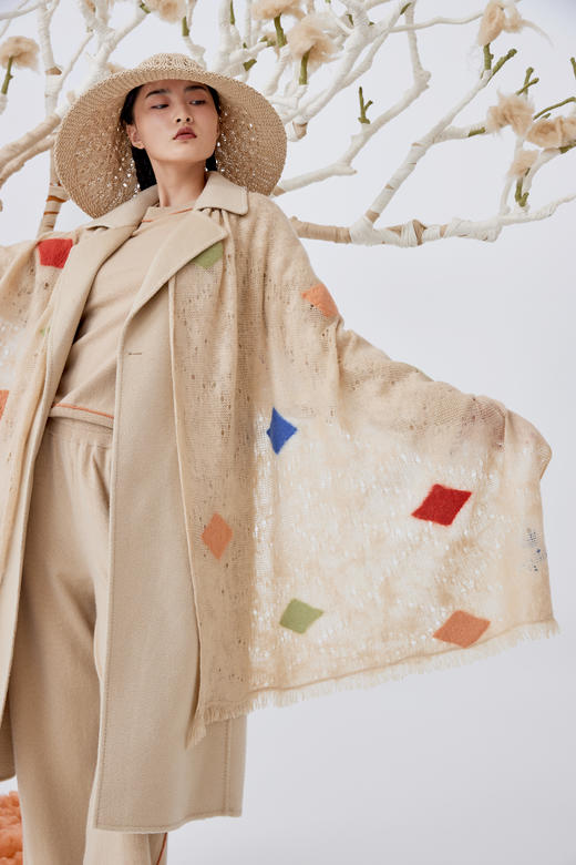  菱格手工毛毡羊绒针织披肩 SJF93W463N 商品图1