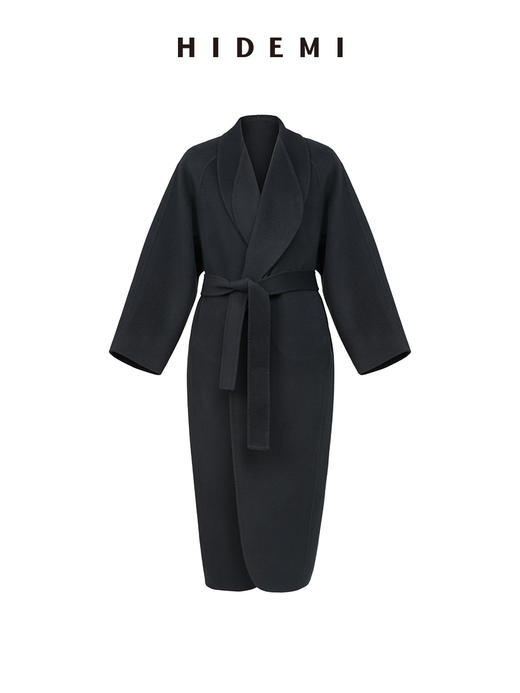 HIDEMI 深灰雾蓝简约设计感两件套腰带浴袍式澳毛长款大衣 商品图12