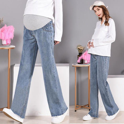 【托腹显瘦 抽绳调节不勒肚】春秋装新款孕妇阔腿裤韩版牛仔长裤直筒宽松裤子大码潮妈 商品图0
