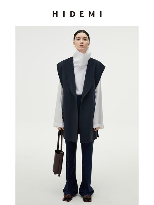 HIDEMI 深灰雾蓝简约设计感两件套腰带浴袍式澳毛长款大衣 商品图10