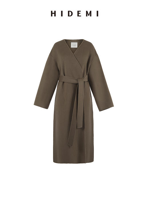 HIDEMI 摩卡其色斗篷分体两件套式腰带浴袍式长款澳毛大衣 商品图9