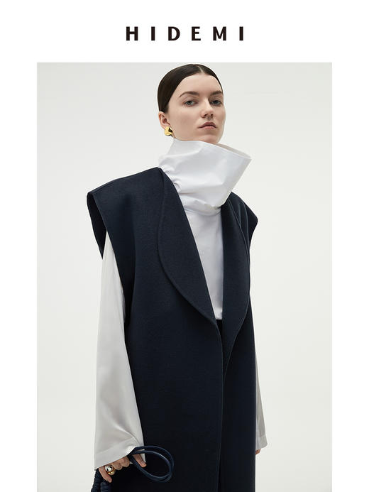 HIDEMI 深灰雾蓝简约设计感两件套腰带浴袍式澳毛长款大衣 商品图11