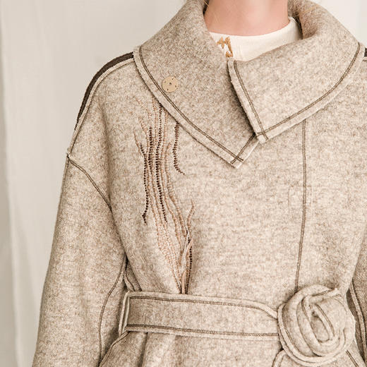 Famecoco范可儿毛呢大衣女秋冬气质灰长款羊毛外套F218AN002 商品图3