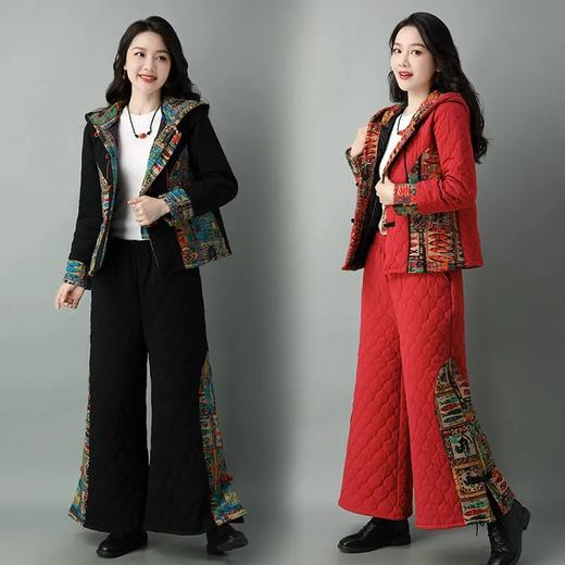 民族风棉麻加厚套装女冬装新款盘扣复古连帽外套中老年棉服 商品图0