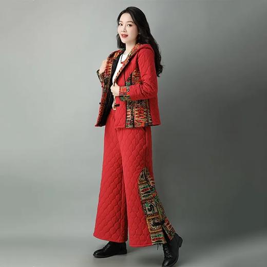 民族风棉麻加厚套装女冬装新款盘扣复古连帽外套中老年棉服 商品图5