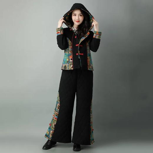 民族风棉麻加厚套装女冬装新款盘扣复古连帽外套中老年棉服 商品图1