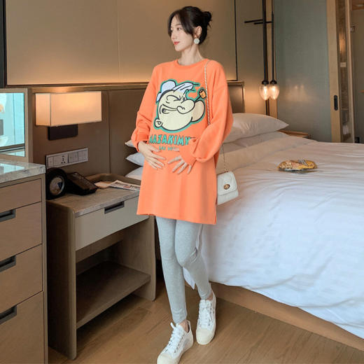 【修饰孕妈身材 拉长腿线】孕妇连衣裙秋装套装时尚款外出宽松上衣孕期中长款t恤潮妈产前产后裙子两件套 商品图8