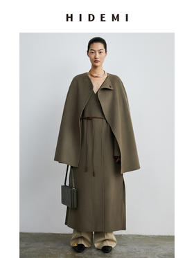 HIDEMI 摩卡其色斗篷分体两件套式腰带浴袍式长款澳毛大衣