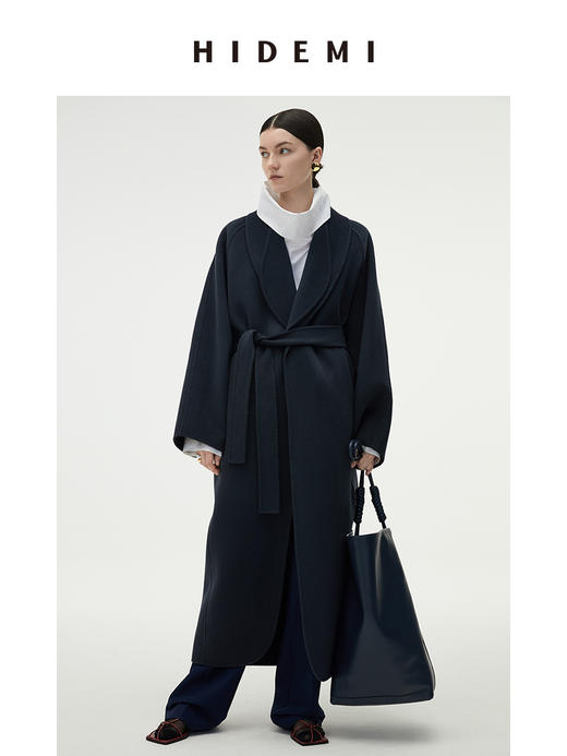 HIDEMI 深灰雾蓝简约设计感两件套腰带浴袍式澳毛长款大衣 商品图0