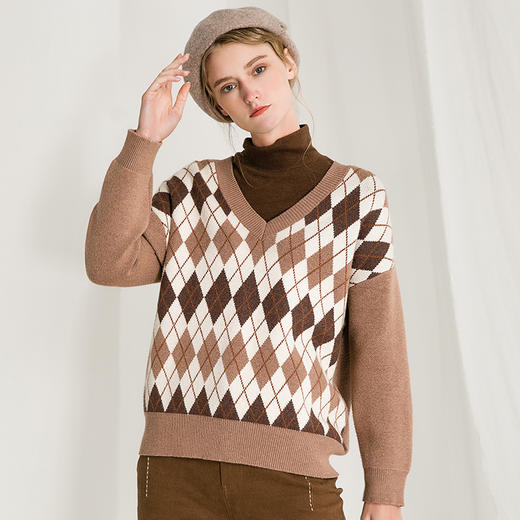 Famecoco范可儿毛衣女菱形方块冬季宽松灰色针织衫F218DD002 商品图3