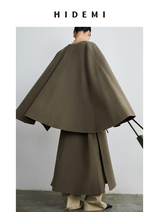 HIDEMI 摩卡其色斗篷分体两件套式腰带浴袍式长款澳毛大衣 商品图6