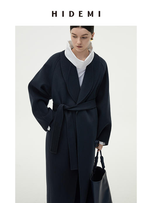 HIDEMI 深灰雾蓝简约设计感两件套腰带浴袍式澳毛长款大衣 商品图8