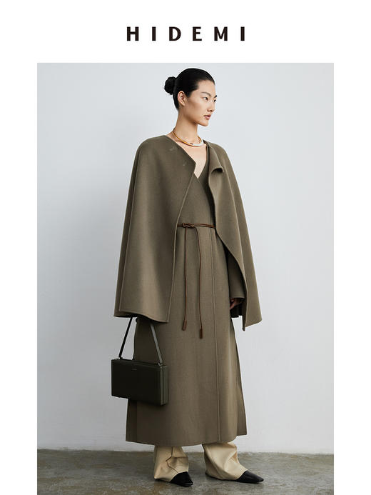 HIDEMI 摩卡其色斗篷分体两件套式腰带浴袍式长款澳毛大衣 商品图2