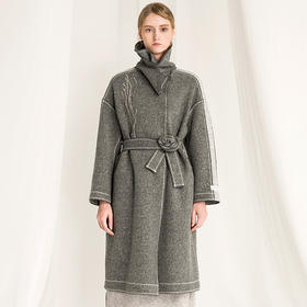 Famecoco范可儿毛呢大衣女秋冬气质灰长款羊毛外套F218AN002