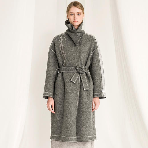 Famecoco范可儿毛呢大衣女秋冬气质灰长款羊毛外套F218AN002 商品图0