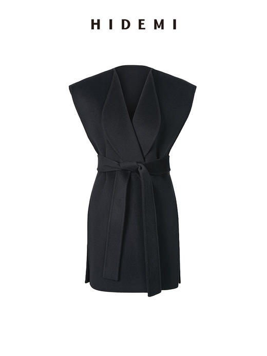 HIDEMI 深灰雾蓝简约设计感两件套腰带浴袍式澳毛长款大衣 商品图14