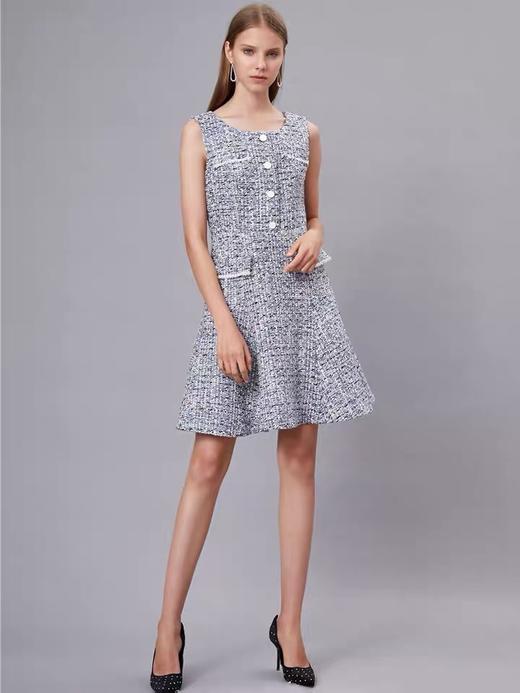 蓝白花点混纺修身无袖连衣裙 商品图1