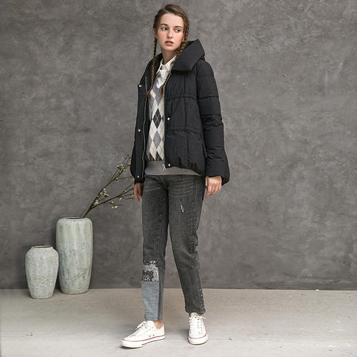 Famecoco范可儿短款连帽羽绒服冬季黑色棉服防寒F218AJ012 商品图2