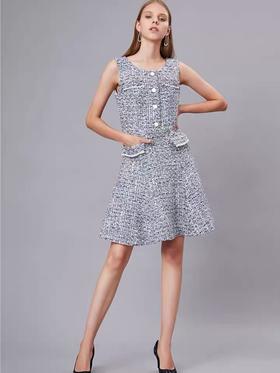 蓝白花点混纺修身无袖连衣裙