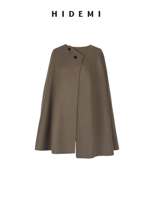 HIDEMI 摩卡其色斗篷分体两件套式腰带浴袍式长款澳毛大衣 商品图10