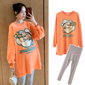 【修饰孕妈身材 拉长腿线】孕妇连衣裙秋装套装时尚款外出宽松上衣孕期中长款t恤潮妈产前产后裙子两件套