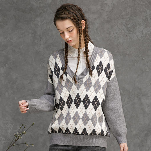 Famecoco范可儿毛衣女菱形方块冬季宽松灰色针织衫F218DD002 商品图1