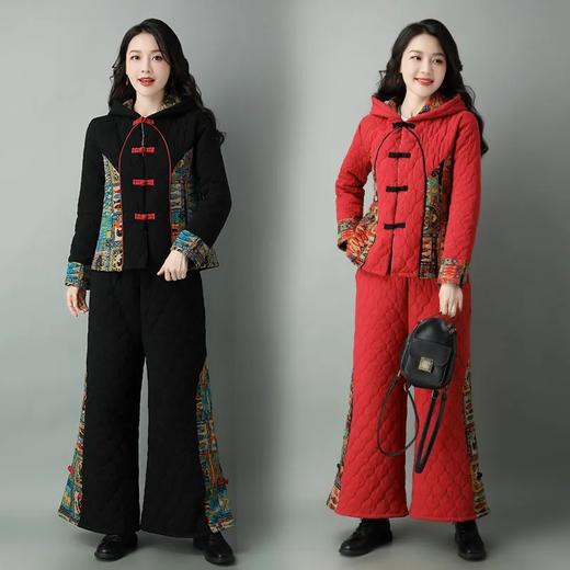 民族风棉麻加厚套装女冬装新款盘扣复古连帽外套中老年棉服 商品图3