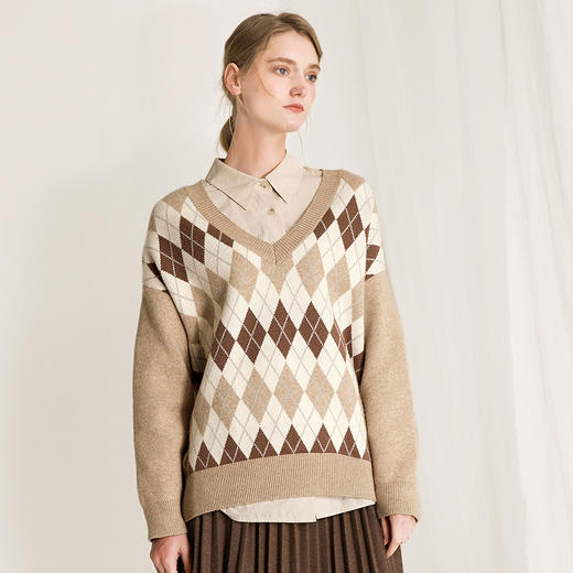 Famecoco范可儿毛衣女菱形方块冬季宽松灰色针织衫F218DD002 商品图2