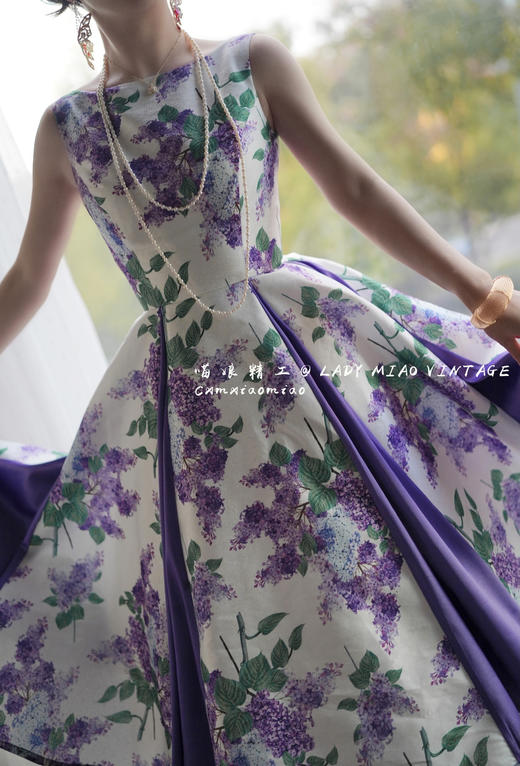 #1201【复团】喵娘精工/定制《情迷紫丁香》紫色复古vintage船领50s印花连衣裙 商品图2