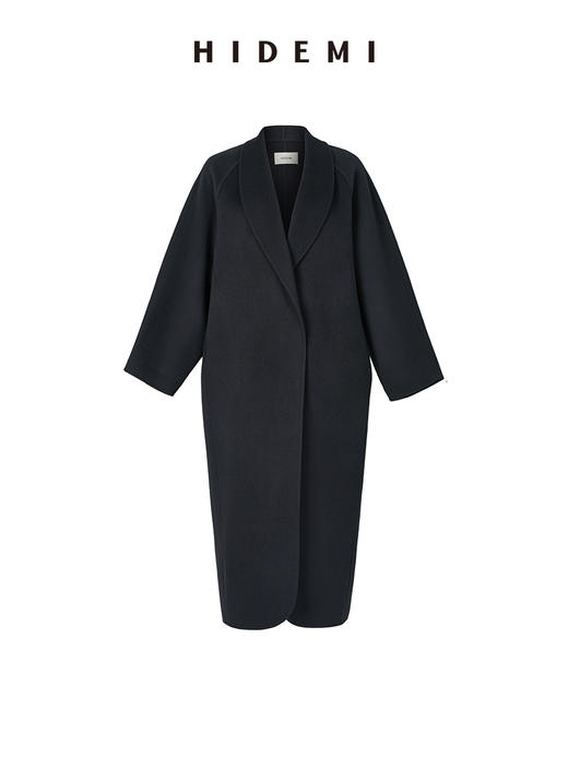 HIDEMI 深灰雾蓝简约设计感两件套腰带浴袍式澳毛长款大衣 商品图13