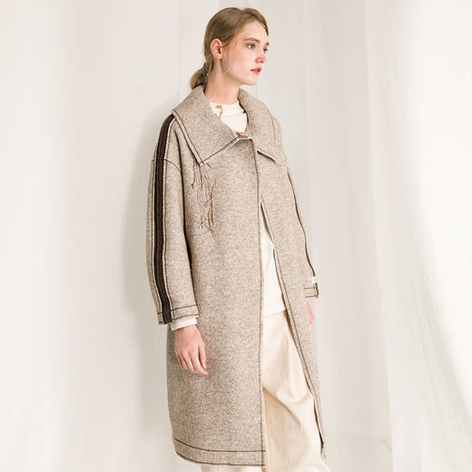 Famecoco范可儿毛呢大衣女秋冬气质灰长款羊毛外套F218AN002 商品图2