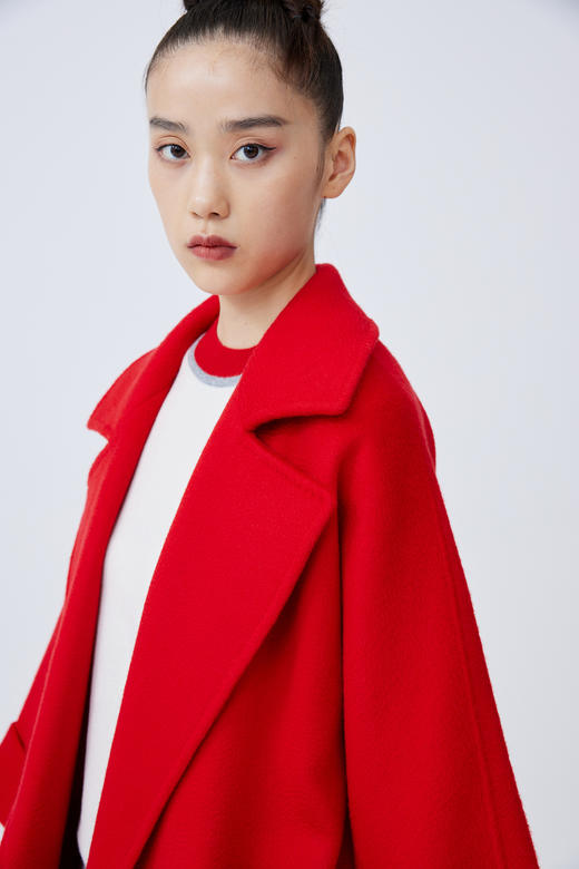 双层领宽袖水波纹羊绒呢女长大衣 SJF93W845N 商品图2