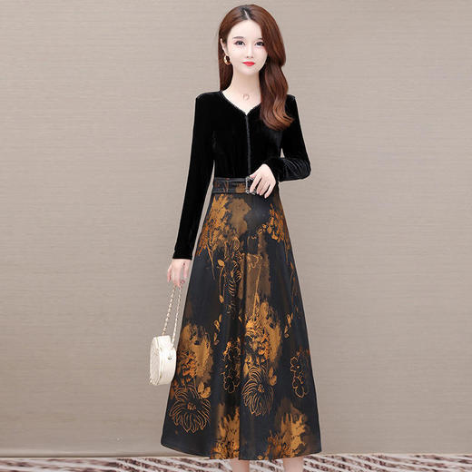 QYM-JJ-HD3921B38-Y新款时尚优雅气质修身V领长袖拼接假两件印花连衣裙 商品图1