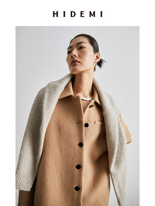 HIDEMI 简约设计感廓形纽扣小翻领厚羊毛大衣 商品图6
