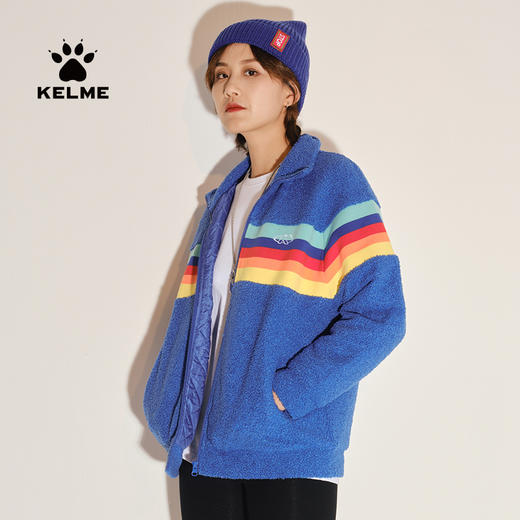 KELME卡尔美彩虹羊羔绒外套女秋冬撞色开衫翻领保暖茄克上衣 商品图0