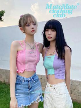 MATEMATE原创夏日度假少女多色拼接挂脖不规则下摆背心小吊带