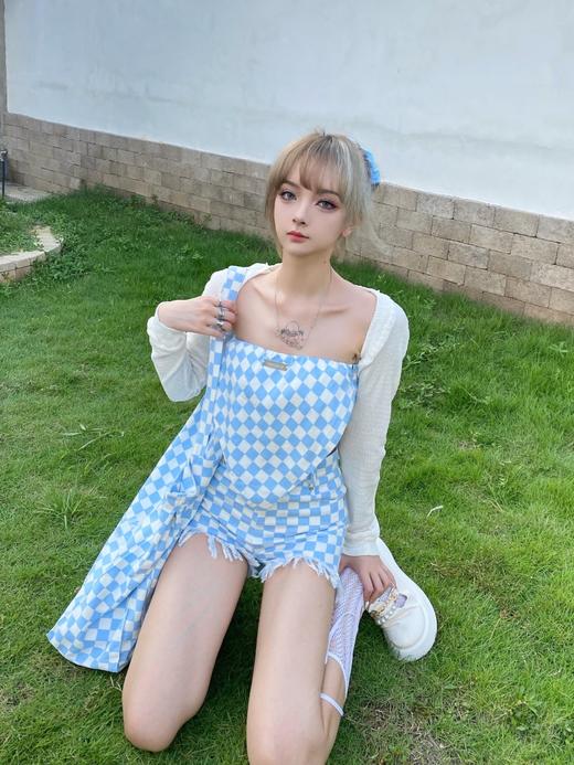 MATEMATE原创天空蓝拼牛奶白格子牛仔布方巾裹胸短裤套装 商品图3