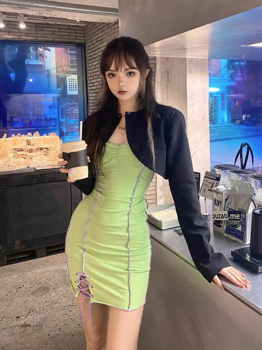 MATEMATE原创纯欲风拼色绑带吊带夏天紧身短裙 商品图1