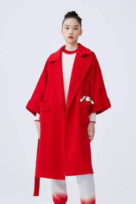 双层领宽袖水波纹羊绒呢女长大衣 SJF93W845N
