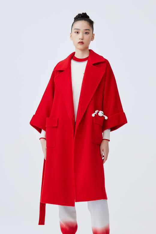 双层领宽袖水波纹羊绒呢女长大衣 SJF93W845N 商品图0