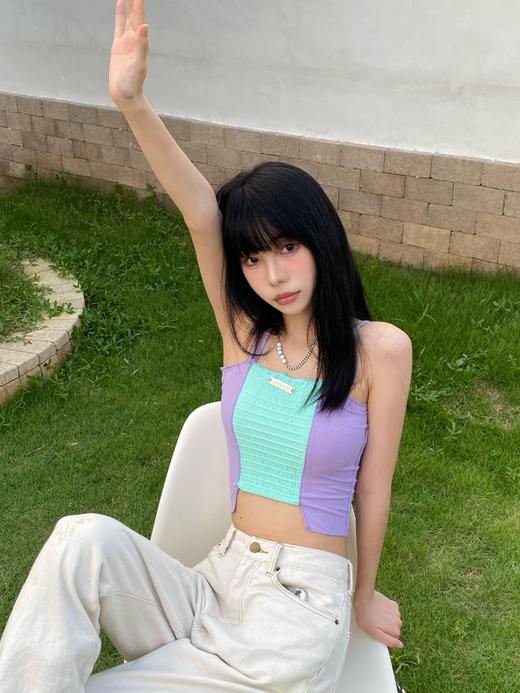 MATEMATE原创夏日度假少女多色拼接挂脖不规则下摆背心小吊带 商品图3