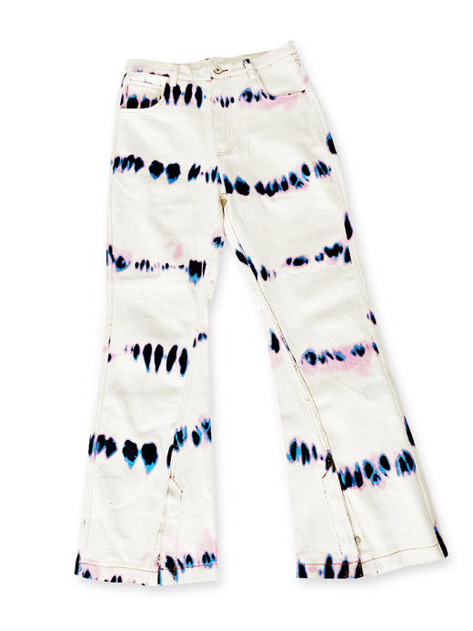 MATEMATE原创随机扎染图案裤脚开叉米黄牛仔长裤 商品图4