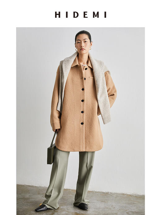 HIDEMI 简约设计感廓形纽扣小翻领厚羊毛大衣 商品图2