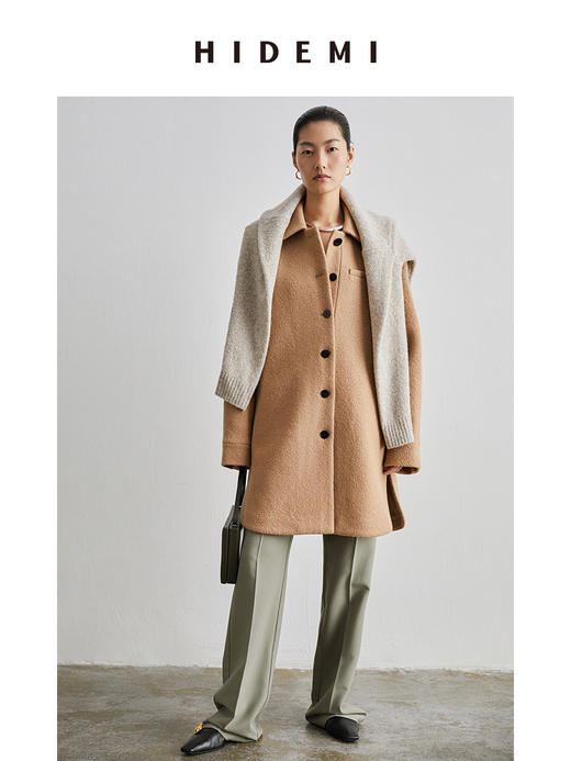 HIDEMI 简约设计感廓形纽扣小翻领厚羊毛大衣 商品图4