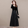 QYM-JJ-HD3921B38-Y新款时尚优雅气质修身V领长袖拼接假两件印花连衣裙 商品缩略图0