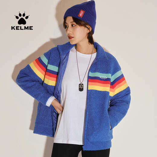 KELME卡尔美彩虹羊羔绒外套女秋冬撞色开衫翻领保暖茄克上衣 商品图1