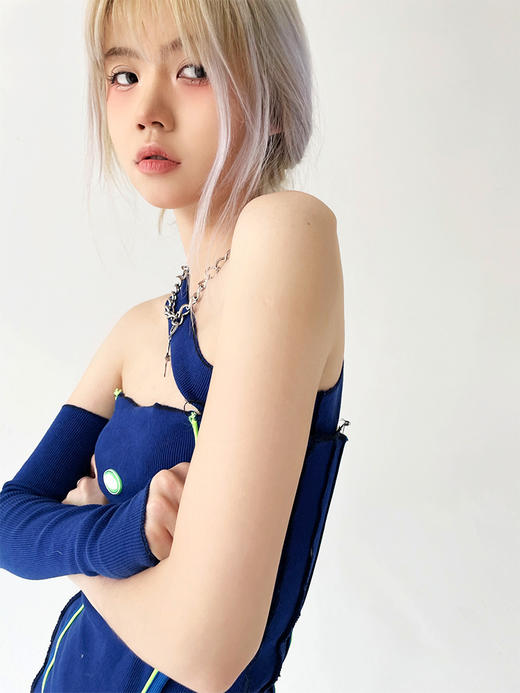 MATEMATE原创设计深蓝色挂脖不规则下摆辣妹紧身裙 商品图3