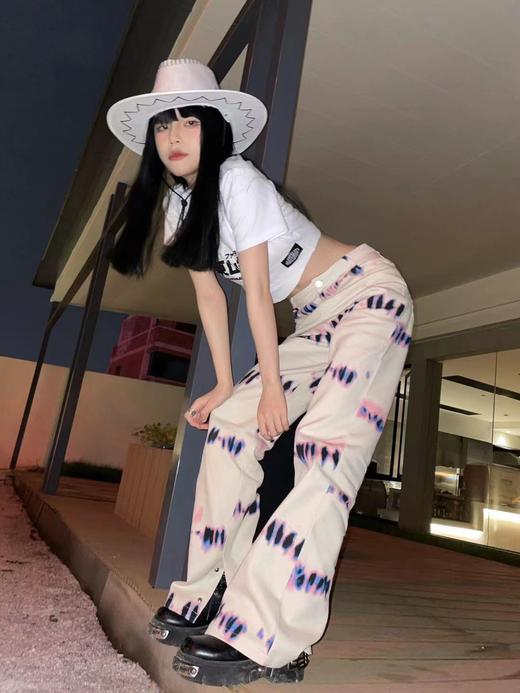 MATEMATE原创随机扎染图案裤脚开叉米黄牛仔长裤 商品图0