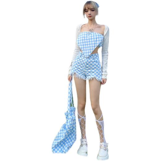 MATEMATE原创天空蓝拼牛奶白格子牛仔布方巾裹胸短裤套装 商品图4